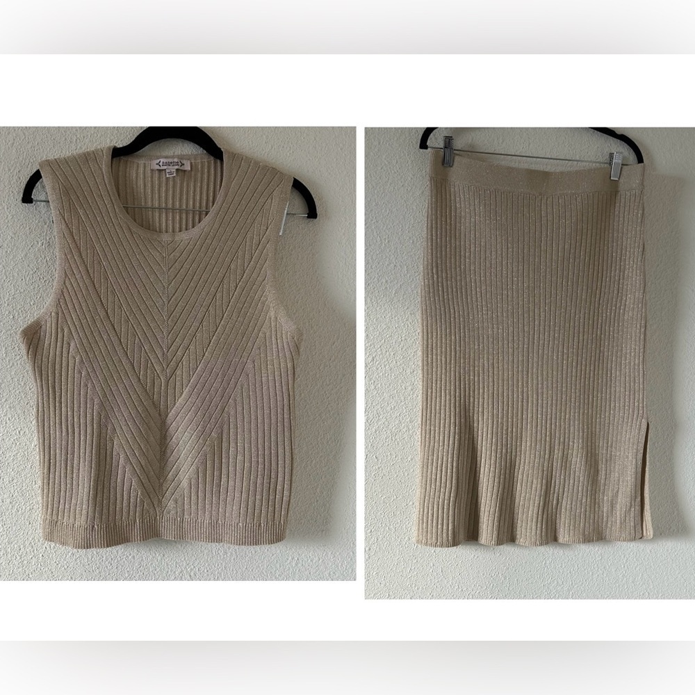 Nanette Lepore Fine Knit Tank Midi Skirt Set Large Cream Beige Gold Dressy